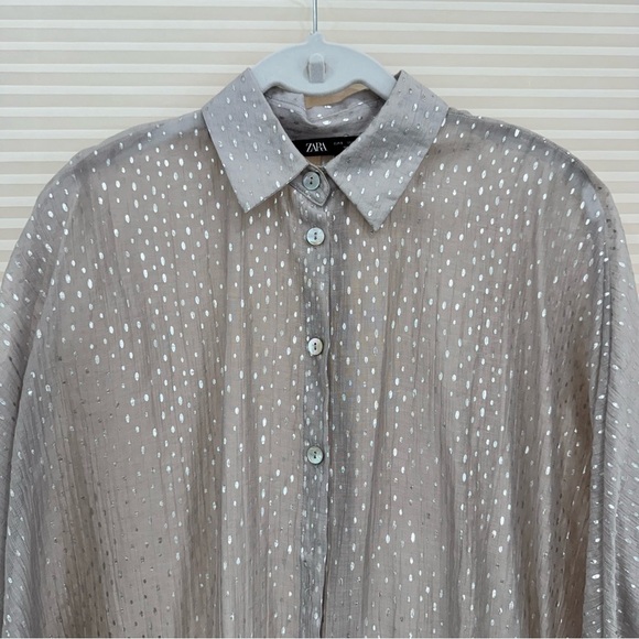 Zara Long Sleeve Button Down Shirt Polka Dot Silver Gray S - Picture 2 of 8